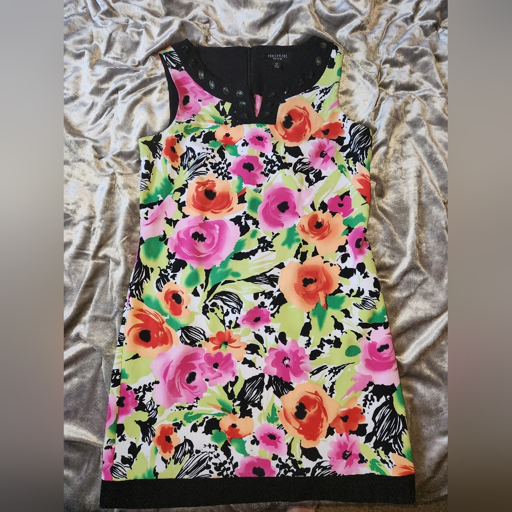 14 Perceptions New York,Floral Dress, Sleeveless,Black Trim,Gemstone Neck,Zip